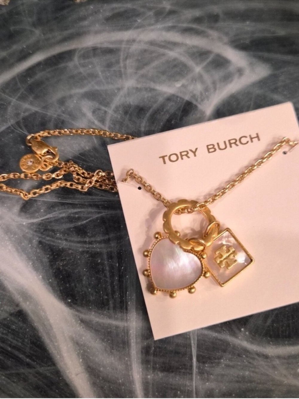 Tory Burch Gold-Tone Mother-of-Pearl Heart & Logo Charm Necklace